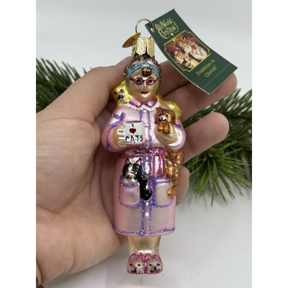 Old World Crazy Cat Lady Glass Ornament New Tags